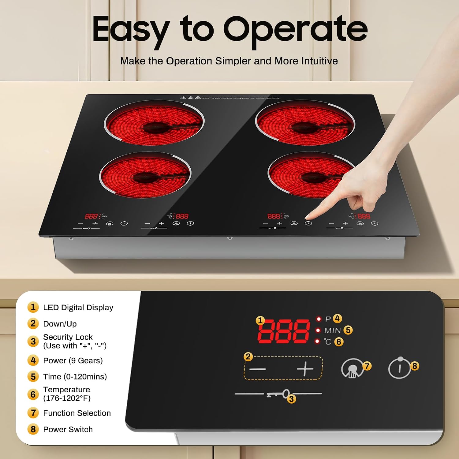 3500W 110V Portable Electric Burner Commercial Induction Cooktop Electric Countertop Stove with Power and Temperature Settings, Stainless Steel, Digital Sensor, Black