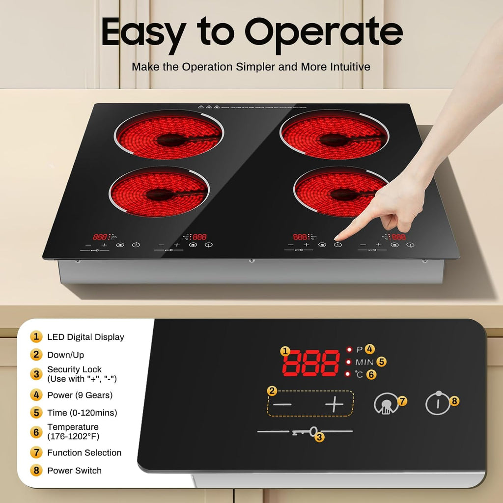 3000W 110V Electric Cooktop 4 Burners, 24 Inch Portable Built-In Countertop Ceramic Stove Top Built-in Cooktop Sensor Touch Control with Safety Lock & Timer 9 Power Levels (NO PLUG)