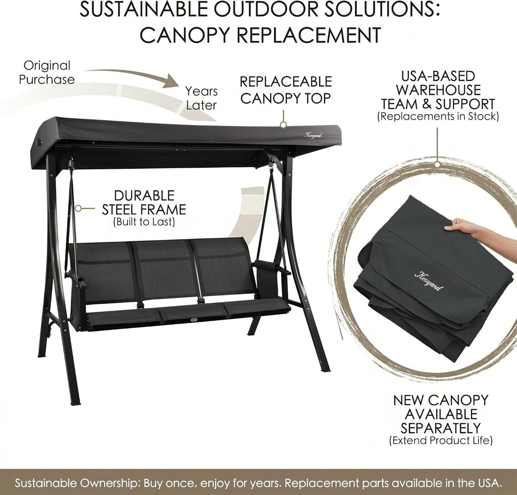 Kozyard Brenda 3-Seat Outdoor Porch Swing Glider, Patio Swing with Adjustable Canopy, Steel Frame, Breathable Textilene Seat & Back, Side Pockets (Gray)