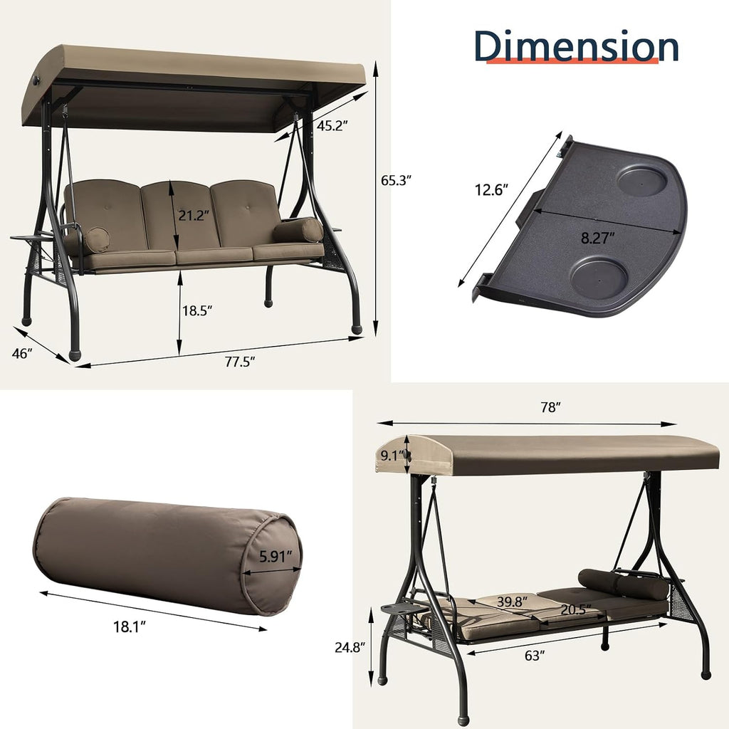 NOBLEMOOD Patio Porch Swing, 3-Seat Outdoor Swing with Adjustable Canopy, Waterproof Fabric Cushion, Pillow and Foldable Side Tray for Patio, Backyard, Porch Swing Bed for Spring