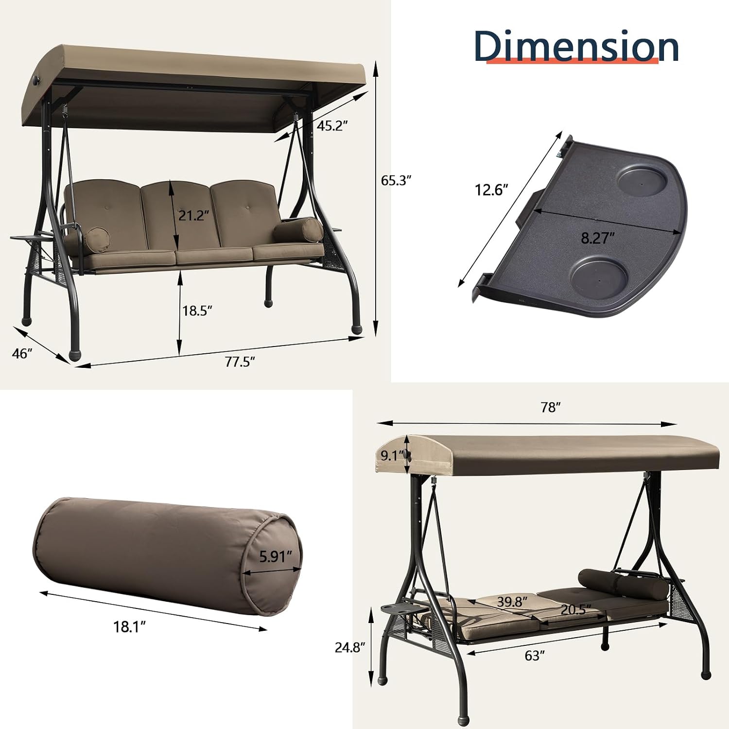 NOBLEMOOD Patio Porch Swing, 3-Seat Outdoor Swing with Adjustable Canopy, Waterproof Fabric Cushion, Pillow and Foldable Side Tray for Patio, Backyard, Porch Swing Bed for Spring