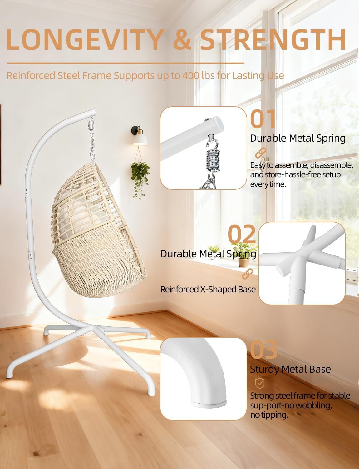 Hanging Egg Chair Swing Chair with Stand Wicker Rattan Chair for Indoor Outdoor Patio Bedroom Hammock Chair with Steel Frame and Cushion Beige