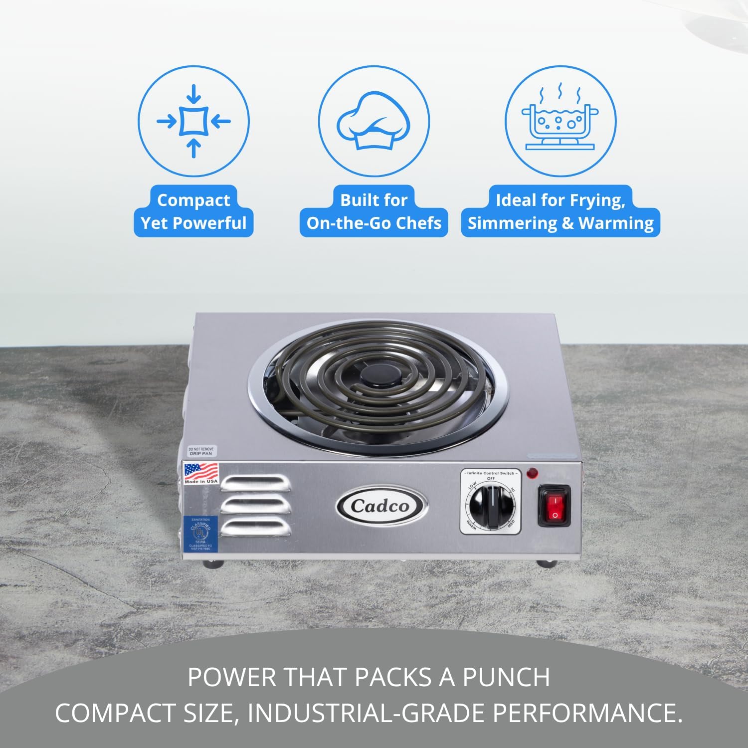 Cadco CSR-3T 14' Electric Portable Countertop Hi-Power Hot Plate w/One Tubular Burner for Restaurant Hotel Food Truck Concession Kiosk, Stainless Steel, 120v