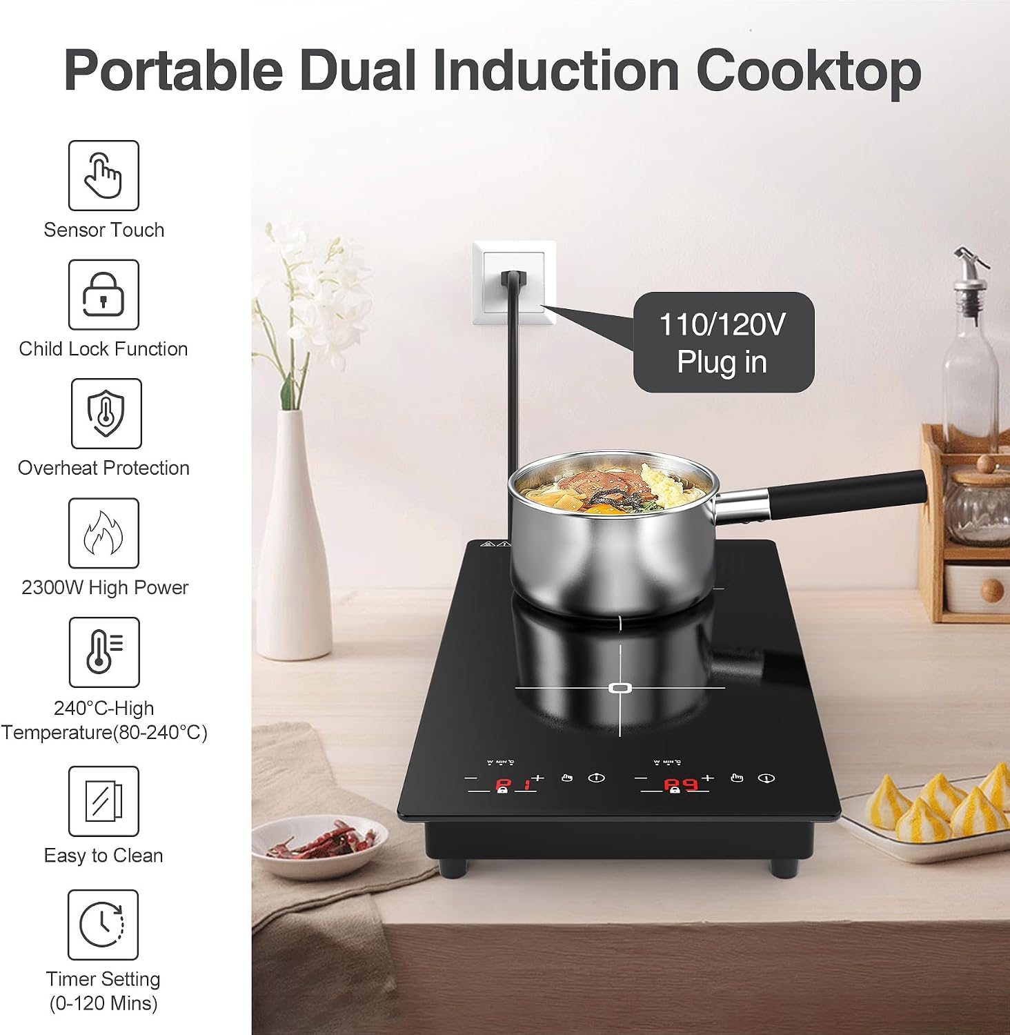 VBGK Double Induction Cooktop, 2300W 110V Portable Induction Cooktop with LED Touch Screen 9 Levels Settings,Electric cooktop with Child Safety Lock & Timer 2 burner