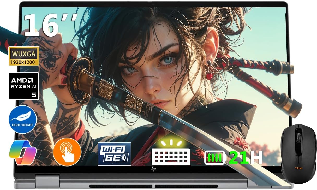 HP Envy OmniBook X Flip 2-in-1 Laptop 16' FHD+ Touch, Copilot+ PC, AMD Ryzen AI 5 340 (8-Core), 16GB RAM, 1TB SSD, AMD Radeon 840M, 21H Battery, Win 11, Meteor Silver, W/Wireless Mouse