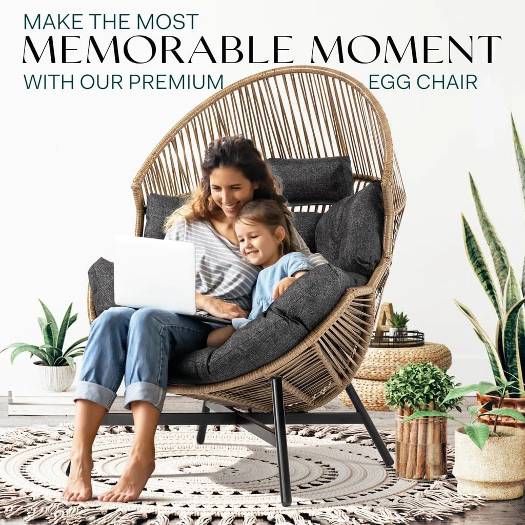 Bme Heavy Duty 500 Lbs Capacity Wicker Egg Chair for Outside & Indoor, UV 2000 Hours Material with Flame Retardant Tested Cushion, Durable Against Water, Weather, Black Base