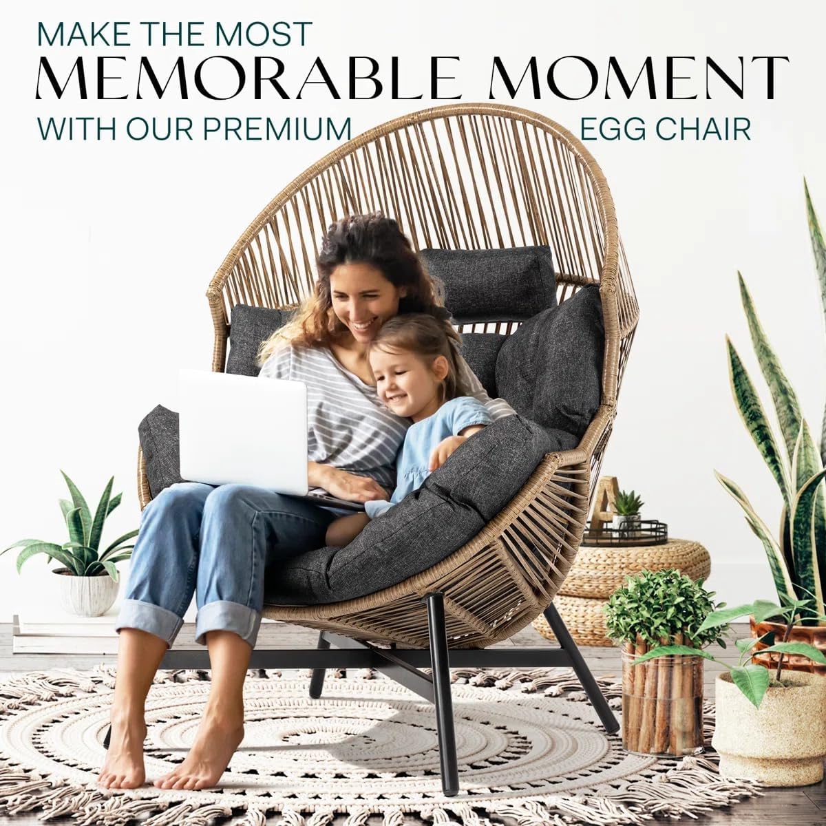 Bme Heavy Duty 500 Lbs Capacity Wicker Egg Chair for Outside & Indoor, UV 2000 Hours Material with Flame Retardant Tested Cushion, Durable Against Water, Weather, Black Base