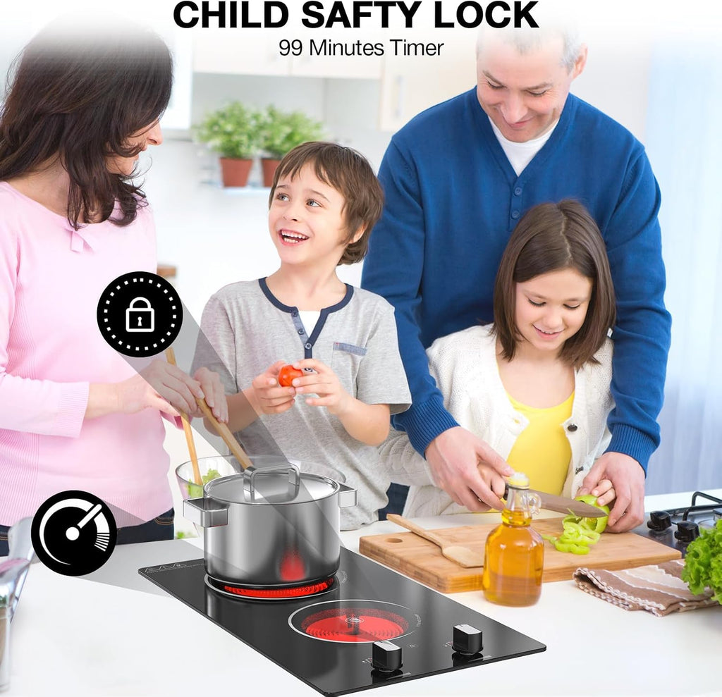 2 Burner Electric Cooktop - 12' Infrared Electric Stove Top with Knob Control, Countertop & Built-in, 2100W Ceramic Electric Hot Plate with 9 Power Levels, Child Lock, Timer, Residual Heat Warning