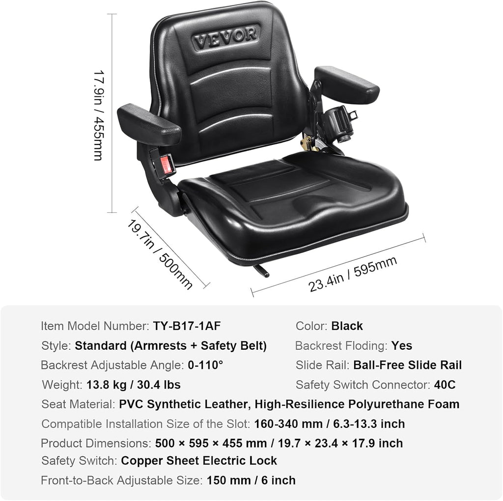 VEVOR Fold Down Tractor Seat with Adjustable Angle Back, Micro Switch, Seatbelt and Armrests, 6.3-13.4 inch Slot Seat for Loader, Excavator