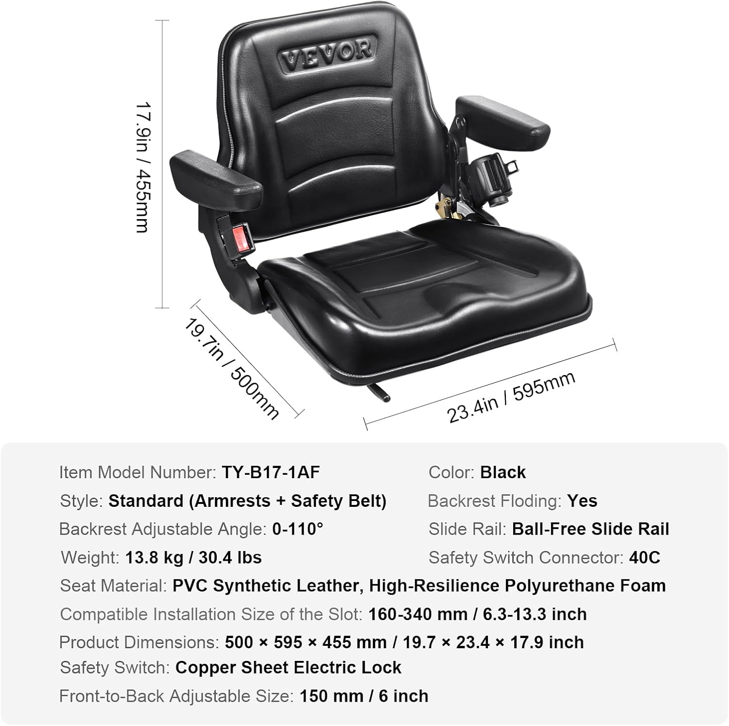 VEVOR Fold Down Tractor Seat with Adjustable Angle Back, Micro Switch, Seatbelt and Armrests, 6.3-13.4 inch Slot Seat for Loader, Excavator
