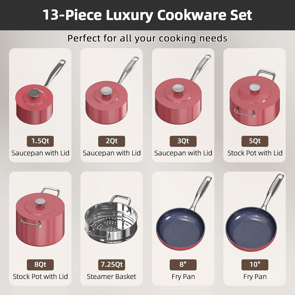 Nuwave Lux 13pc Forged Lightweight Cookware Set PFAS Free, Healthy G10 Duralon Ceramic Coating, Ultra Non-Stick, Stay-Cool Handles, Works on All Cooktops & Induction Ready