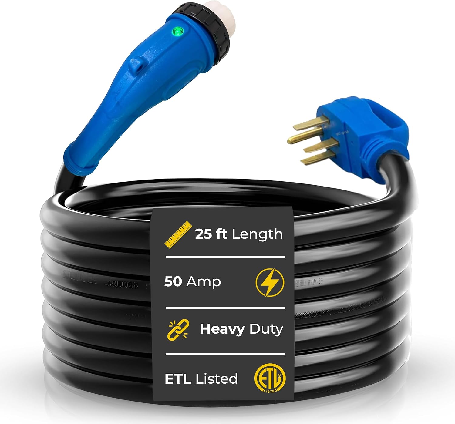 Amp Up 50 Amp Generator NEMA 14-50 Power Extension Cord, 25ft Heavy Duty 50amp Generator Power & 50amp Extension Cord, NEMA SS2-50 Twist Lock with Indicator Light & ETL Listed from US Company