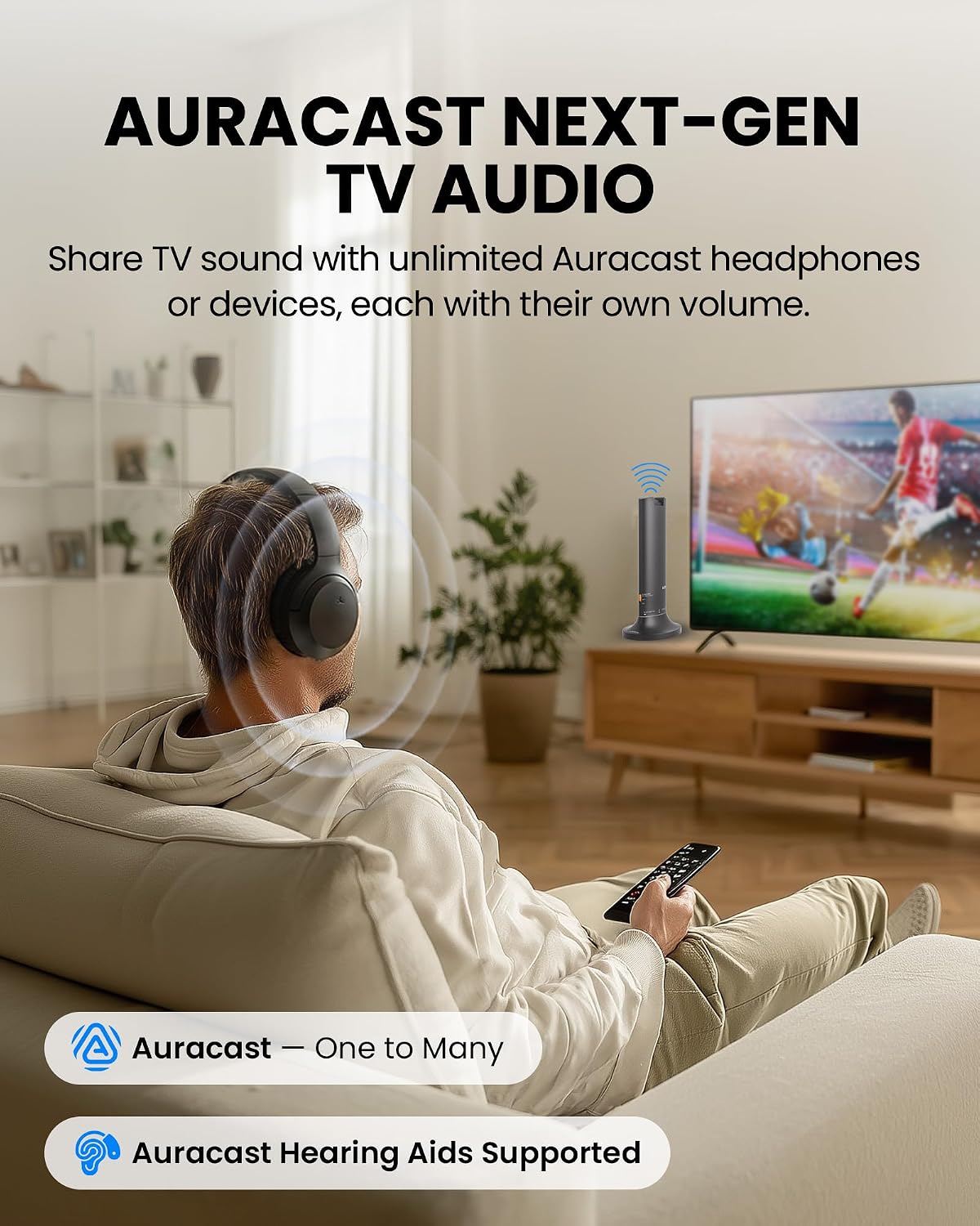Avantree Opera Aura - Auracast Wireless TV Headphones with HDMI ARC, TV Audio System for Seniors & Hearing Aid Users, Clear Voice, Volume Boost & Audio Sharing