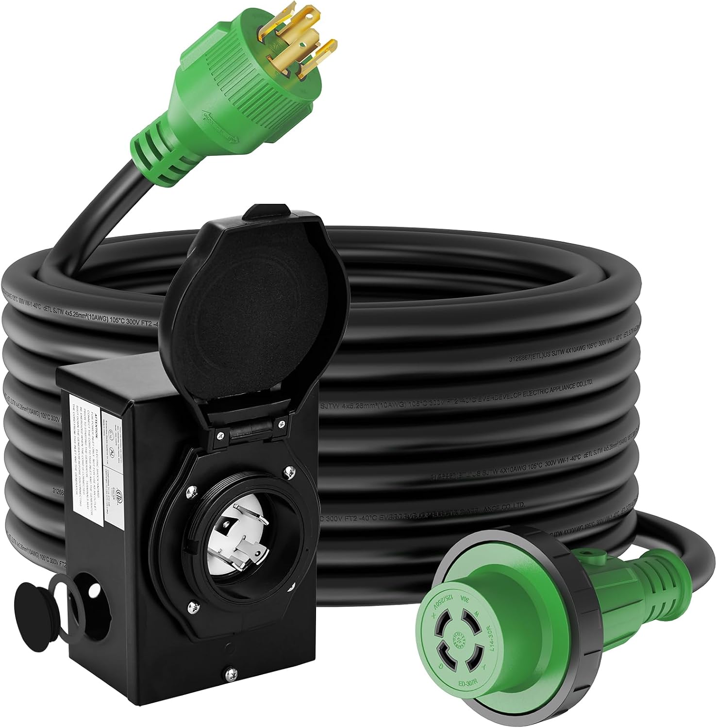 RVGUARD Emergency Power Combo Kit, 100 Foot 30 Amp Generator Cord and Power Inlet Box, NEMA L14-30P to L14-30R Generator Cord with NEMA L14-30P Pre-Drilled Generator Inlet Box, ETL Listed