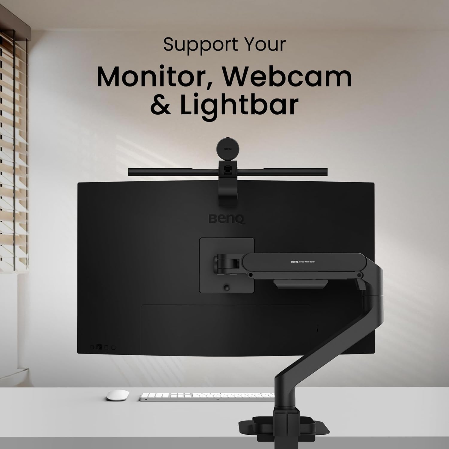 BenQ BSH01 Ergo Monitor Arm -Gas Spring Monitor Stand for Up to 45'' & 44lbs Screens, Heavy Duty, Quick Installation, No Sagging, Top Clamp and Grommet Base, Reinforcement Plate, VESA 75x75 &100x100mm