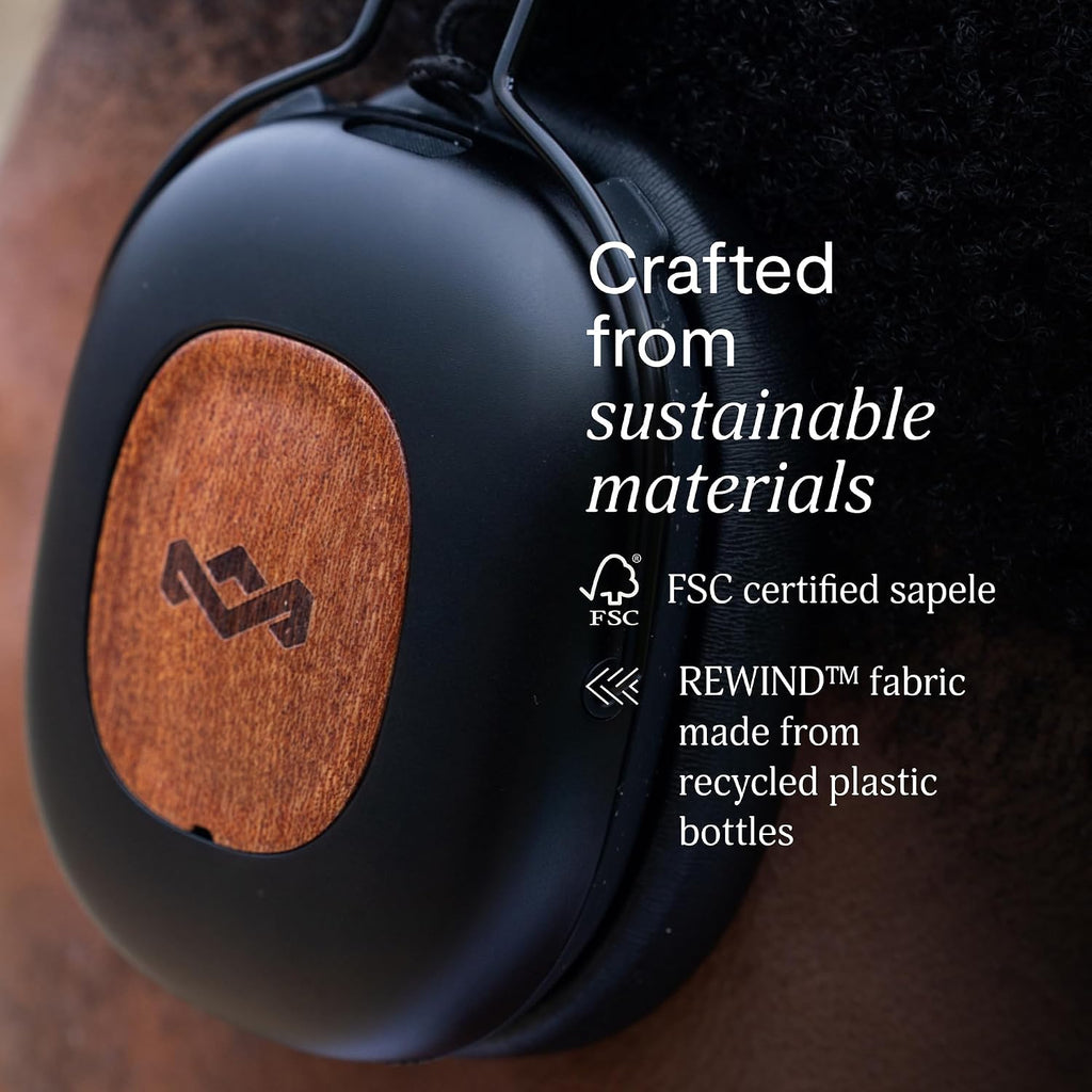 House of Marley Positive Vibration Rebel Wireless ANC Headphones - Over Ear Bluetooth Earphones with Adaptive Noise Cancelling, 130 H Playtime, IPX5, Sustainable Materials (Signature Black)