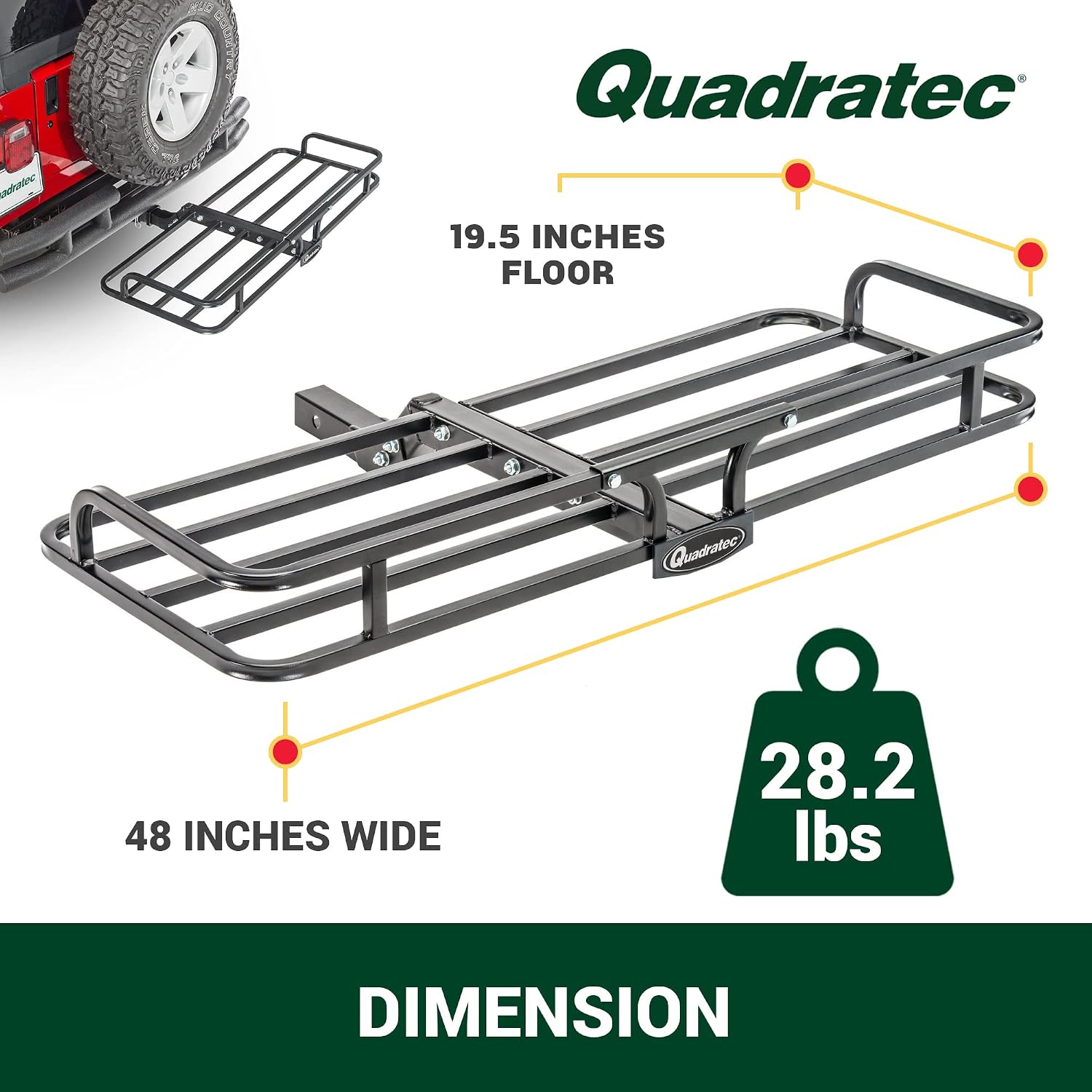 Quadratec Compact Cargo Rack Basket Platform, 48' x 19.5' - Mounts to 2' Receiver Hitch - Great for Hauling Luggage, Camping Gear, Supplies, Generators, and More - Fits Jeeps, Cars, Trucks, SUV & More