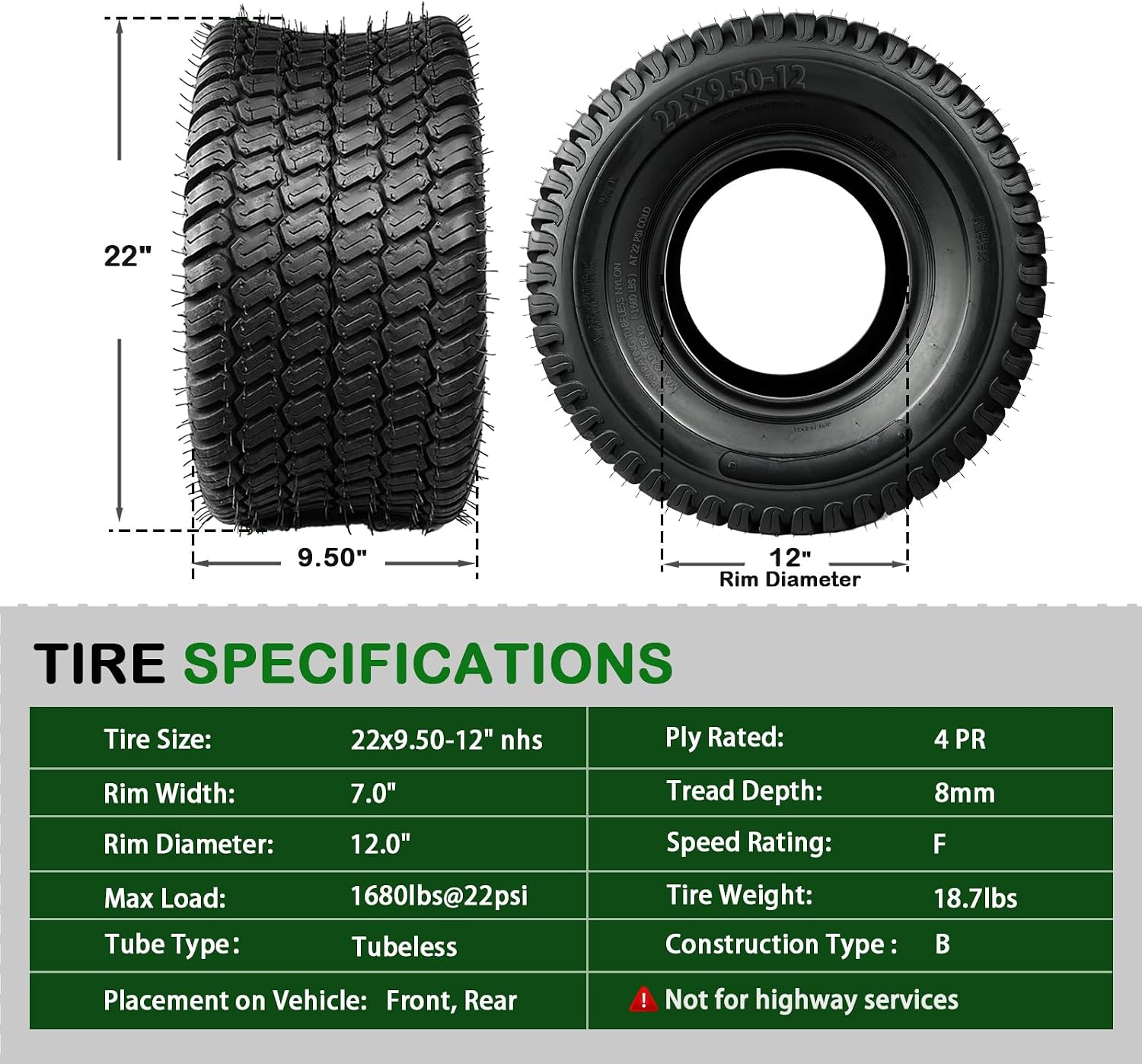 TRIPOWER 22x9.50-12 Lawn Mower Tires - 22x9.5x12 Turf Tire for Riding Mower Golf Cart and Lawn Garden Tractor, Durable, 4PR Tubeless, 1680lbs Capacity, Set of 2