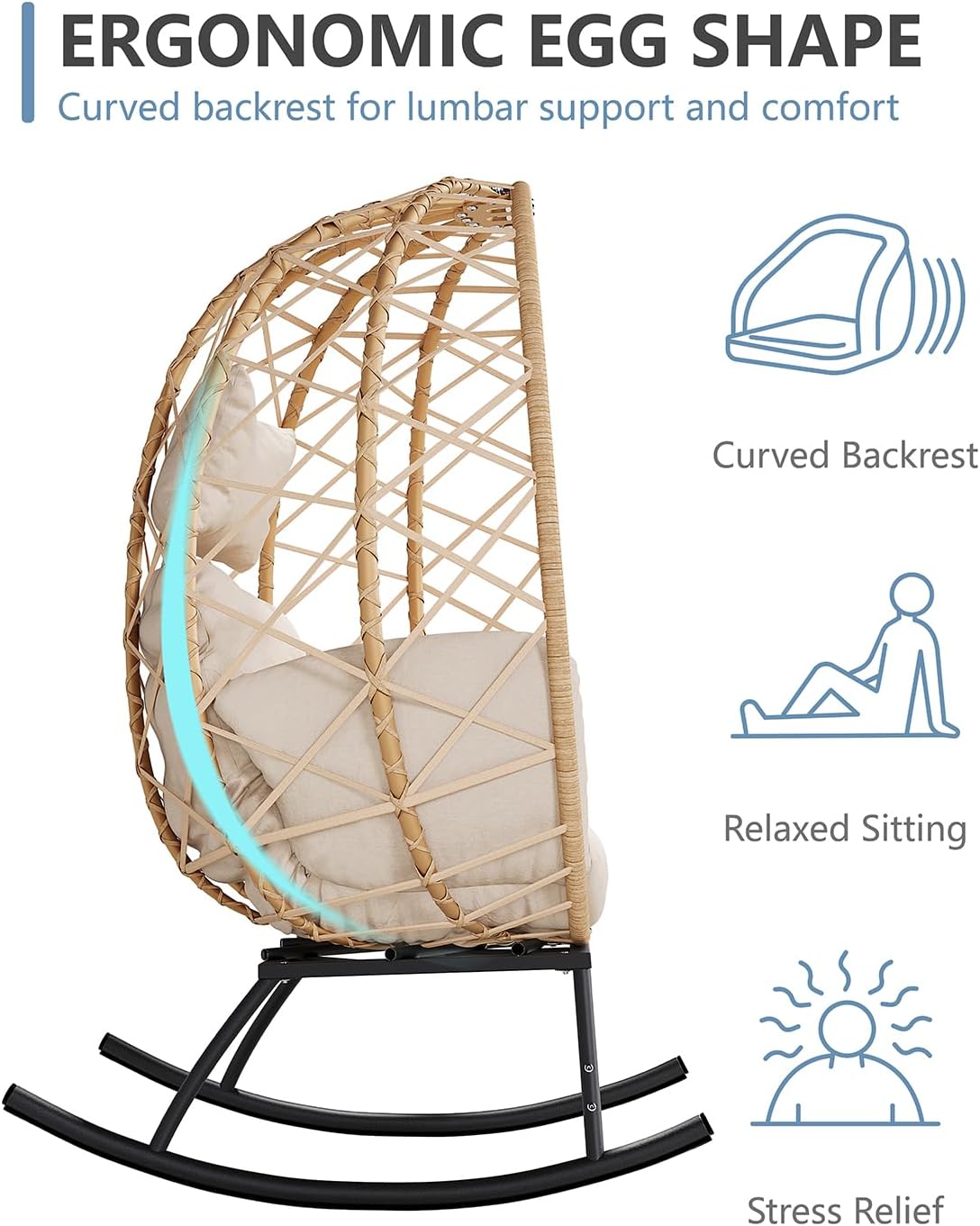SWITTE Wicker Egg Rocking Chair Outdoor, Oversized Patio Lounge Chairs with Cushion for Indoor Living Room, Bedroom, Outside Backyard Balcony-Beige