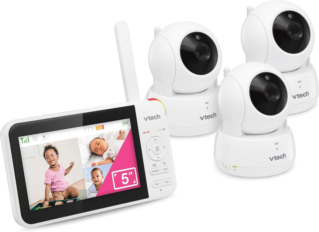 VTech VM924-3 5' Pan Tilt Zoom Video Baby Monitor with 3 Cameras – No WiFi, 17Hr Battery, 1000ft Range, Night Vision & Lullabies – Ideal for New Parents