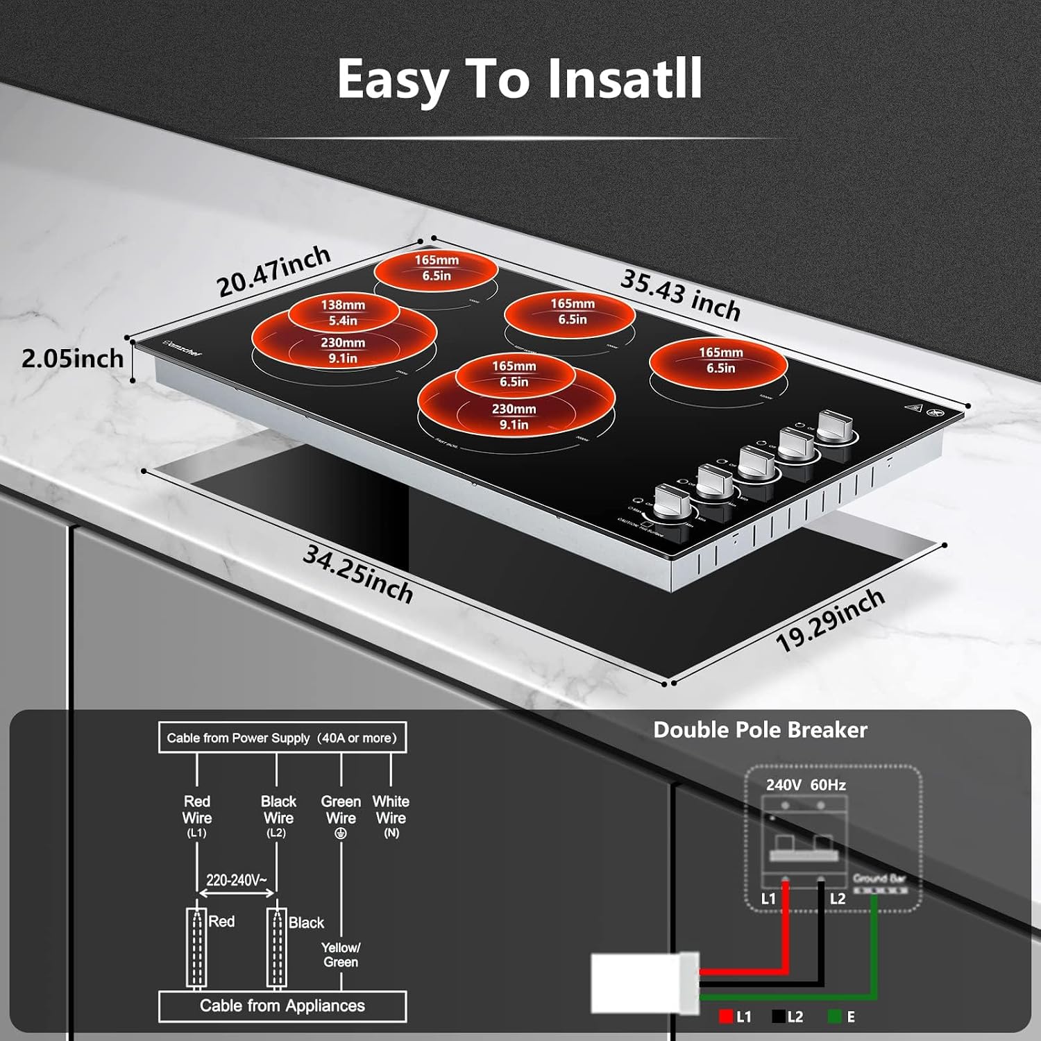 AMZCHEF Electric Cooktop 36 Inch,5 Burners Built-in Electric Stove Top,Max 8900W Ceramic Glass Countertop with Knob Control Max 3000W Double Zone,Safety Lock