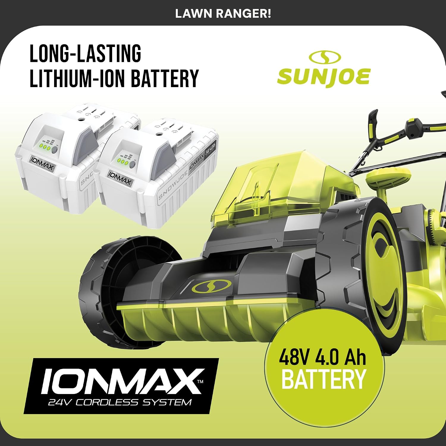 Sun Joe 24V-X2-16LM 48-Volt IONMAX Cordless Brushless Lawn Mower Kit, W/ 4.0-Ah Battery + Dual Port Charger & 12-Gallon Collection Bag, 16-Inch, Comfort Grip, One Touch 6-Position Height Adjustment