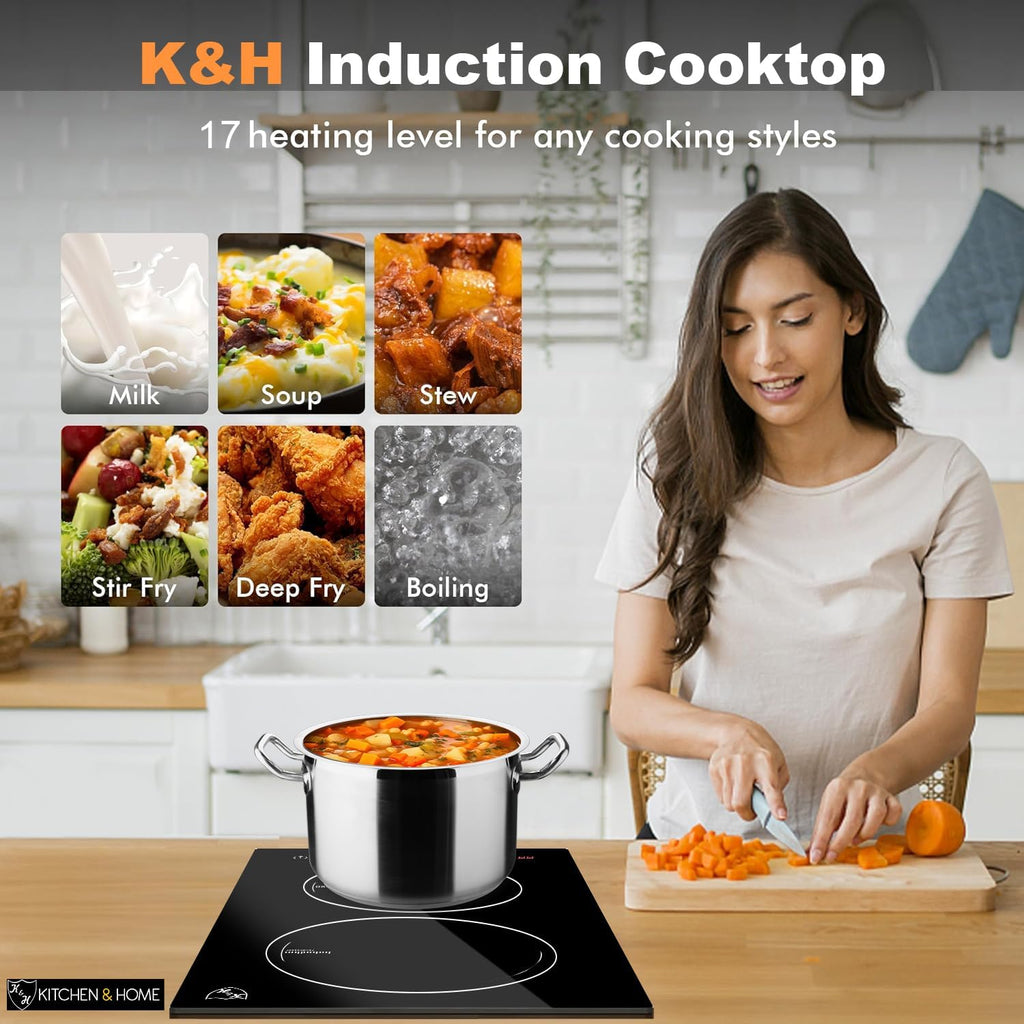 K&H Dual Induction Cooktop - 12 Inch Built-In Electric Stove Top with 17 Heating Levels - 220V, 3400W Built-in Ceramic Glass Electric Induction Cooktop - Touch Control, Timer & Child Lock, IN12-3400SL