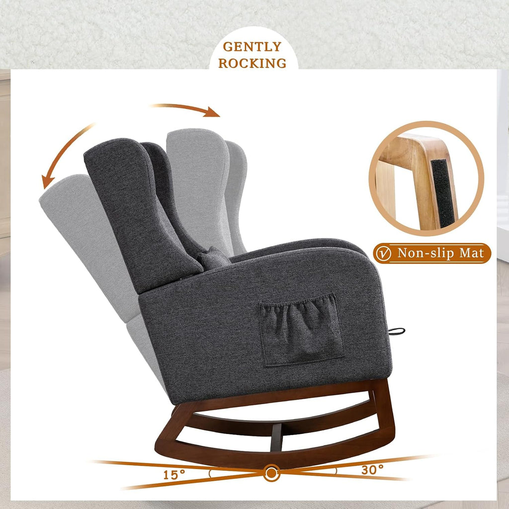 Modern Rocking Chair Nursery Glider, Comfy Rocker Nursery Chair with Foot Rest, Accent Reading Armchair with Pillow and Pocket, Upholstered Lounge Rocker with Solid Wood Base for Relaxing (Charcoal)