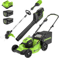 Greenworks 80V 21' Brushless (Push) Cordless Electric Lawn Mower + (500 CFM) Axial Leaf Blower + 13' String Trimmer (75+ Compatible Tools), (2) 2.0Ah Batteries and 30 Minute Rapid Charger