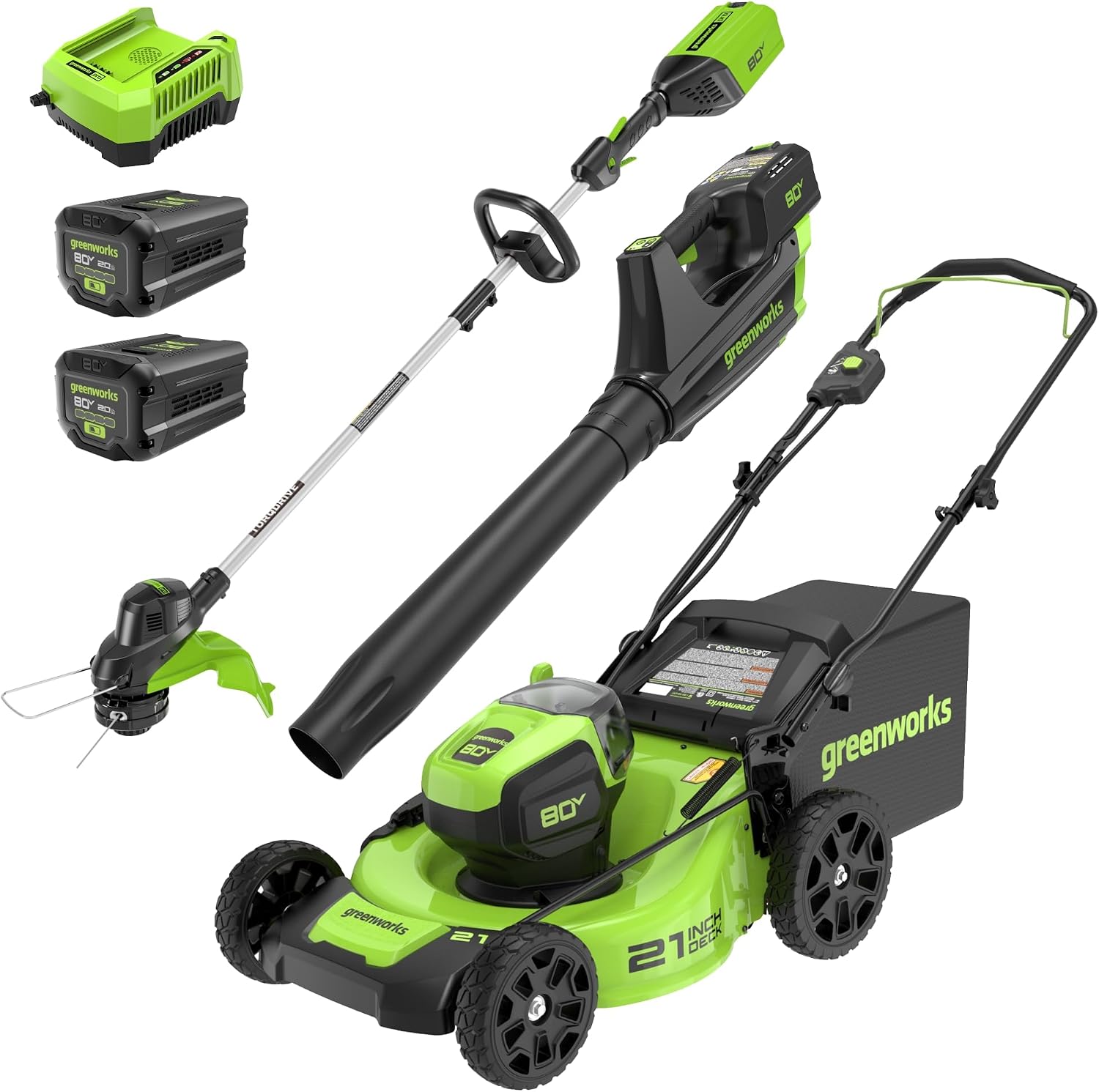 Greenworks 80V 21' Brushless (Push) Cordless Electric Lawn Mower + (500 CFM) Axial Leaf Blower + 13' String Trimmer (75+ Compatible Tools), (2) 2.0Ah Batteries and 30 Minute Rapid Charger