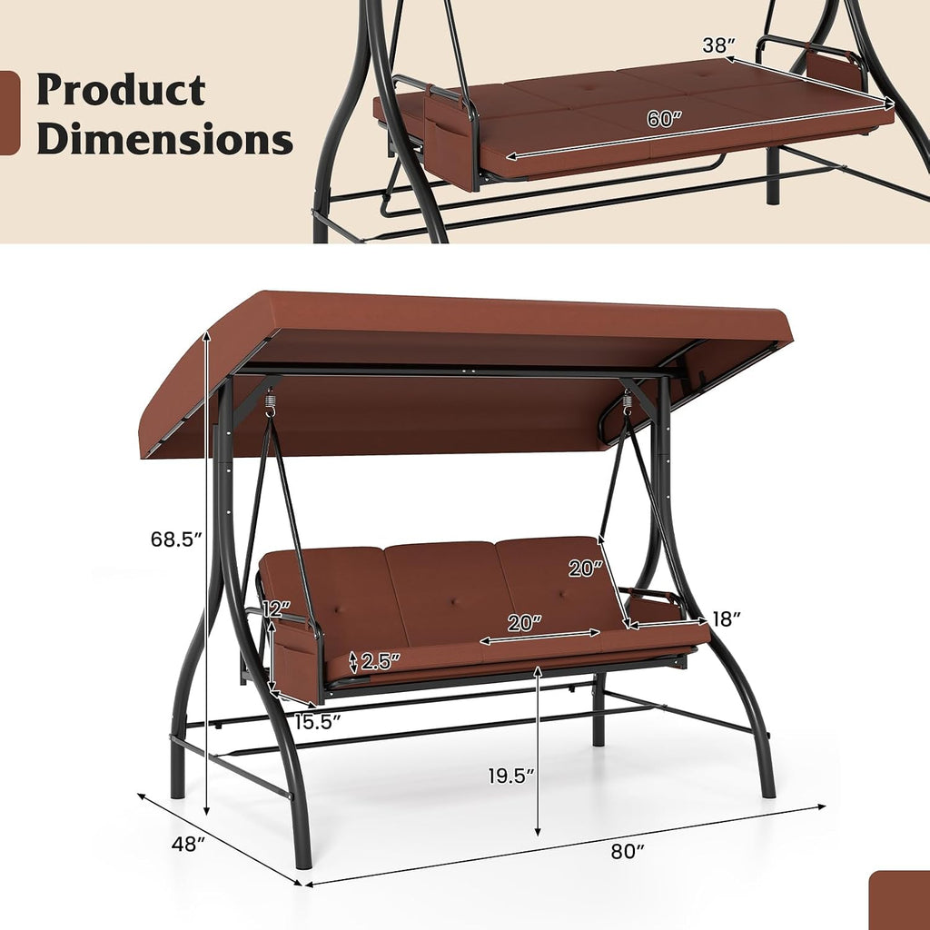 Tangkula 3 Person Porch Swing, 2-in-1 Convertible Outdoor Swing with Adjustable Canopy, Removable Cushions, Metal Frame, Side Pockets for Backyard, Garden, Porch (Brown)