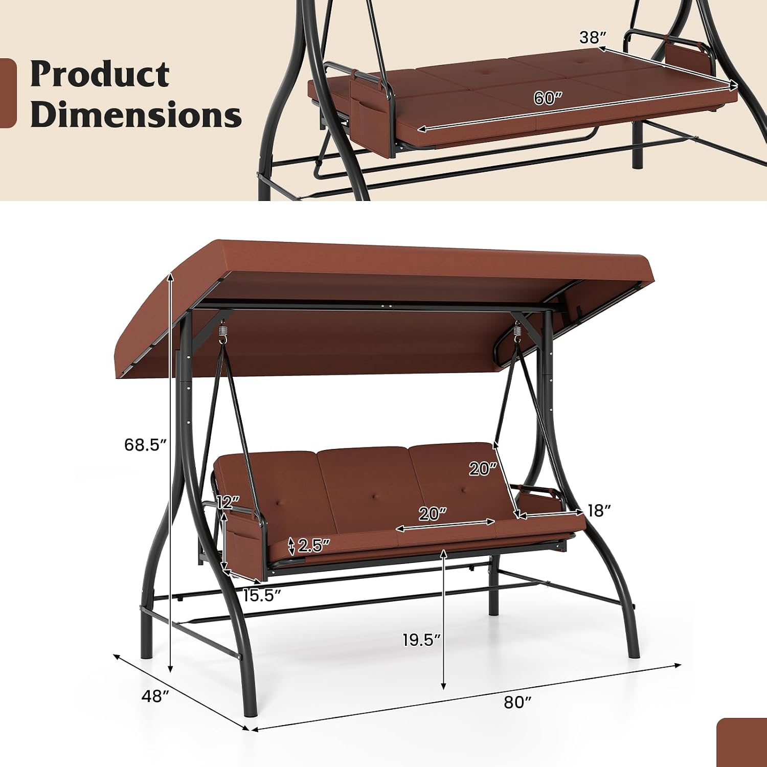 Tangkula 3 Person Porch Swing, 2-in-1 Convertible Outdoor Swing with Adjustable Canopy, Removable Cushions, Metal Frame, Side Pockets for Backyard, Garden, Porch (Brown)