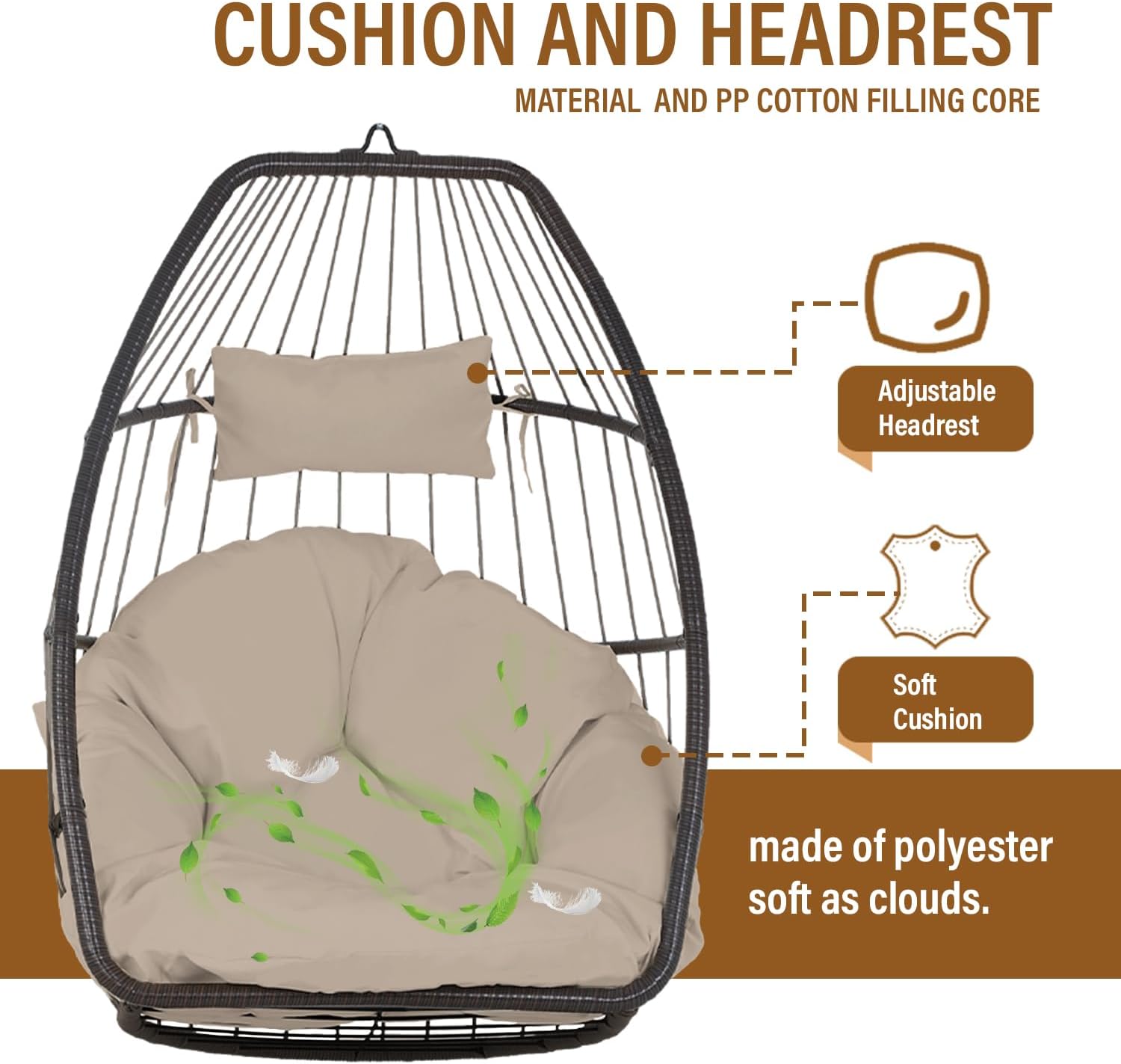 BestOffice Egg Chair Indoor Outdoor with Stand Swing Hanging Rattan Patio Basket Chair with Soft Cloud Polyester Cushion Adjustable Headset for Bedroom Outdoor Garden Swimming Pool Porch, Tan