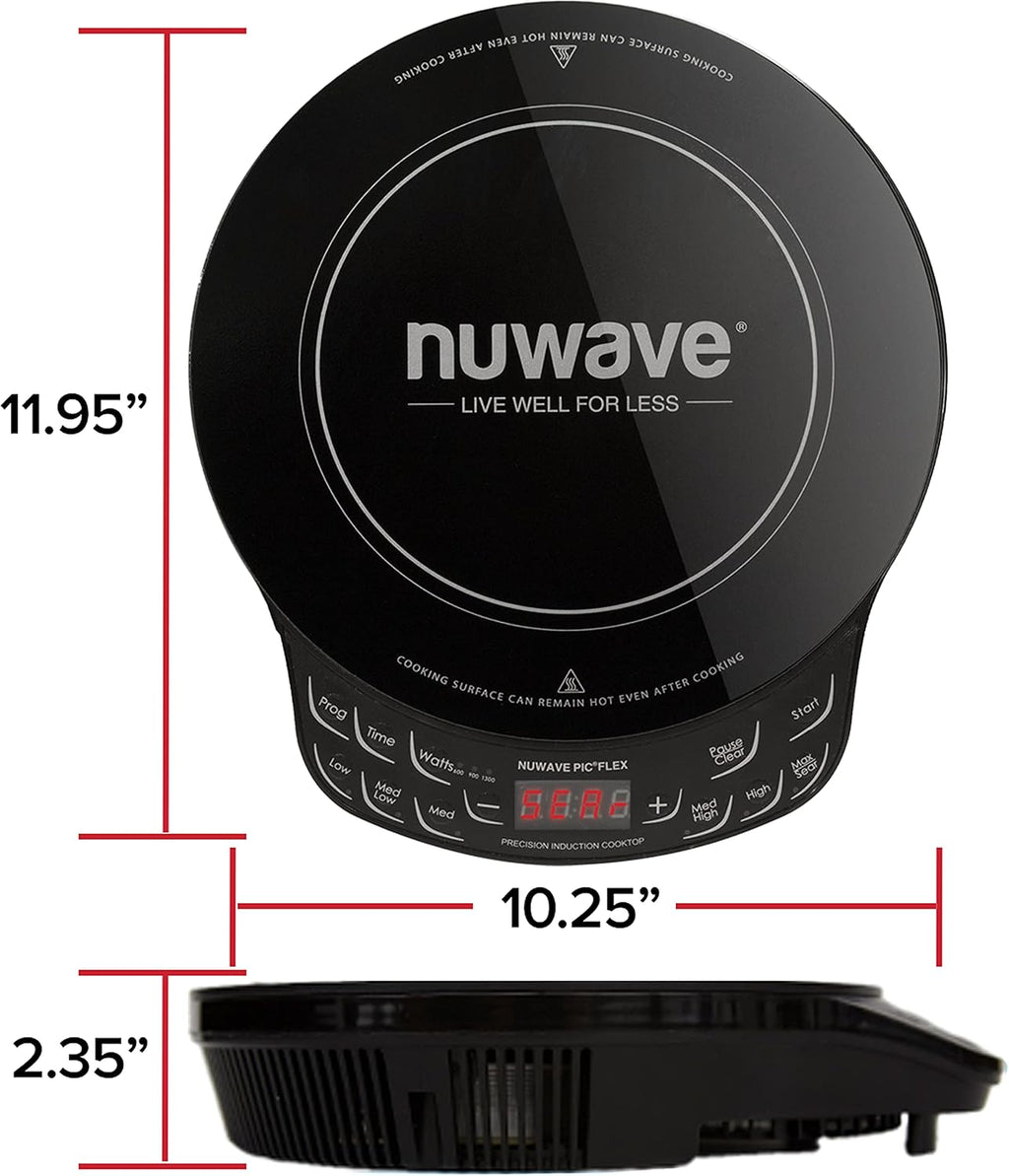 Nuwave PIC Flex Induction Cooktop, 45 Temps 100°F-500°F, 600-1300W, 6.5' Coil, for Dorms/RVs/Hotels, with 4Qt Ceramic Pan