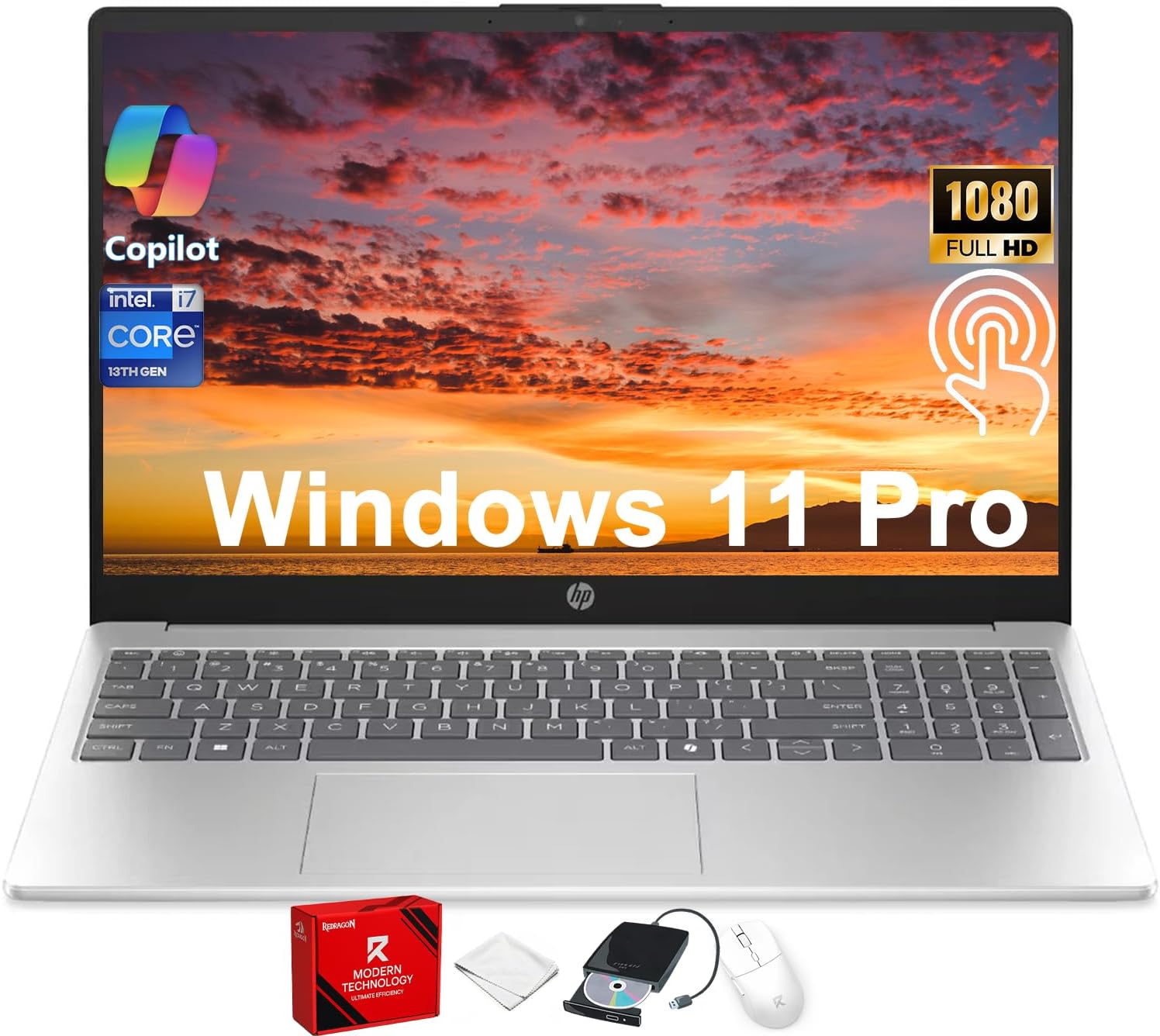 HP 15.6inch Touchscreen Laptop Computer - Intel 13th Generation Core i7-1355U(10-core), 1920 x 1080 Full HD, 300 nits, Wi-Fi6, Bluetooth, Windows 11 Profor Business, Student(64GB RAM | 1TB SSD)