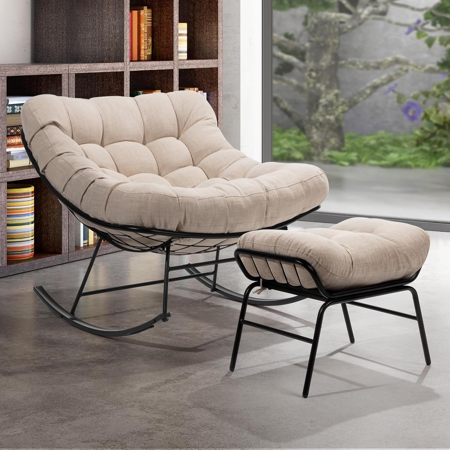 Bme Patio Rocking Chair Outdoor & Indoor with Ottoman, Metal Patio Lounge Rocking Chair with Thick Cushion, Comfy Modern Rocker Chair, Beige Cushion - Black Matte Rocker