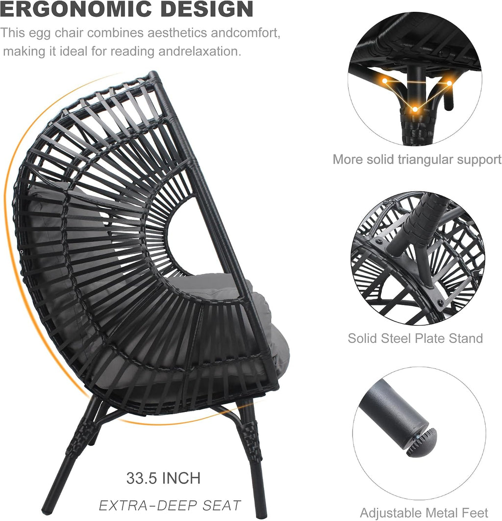 Oversized Wicker Egg Chair, Outdoor Indoor Rattan Patio Egg Lounge Chairs with Cushion 500lbs Capacity for Living Room, Balcony, Backyard(Black)