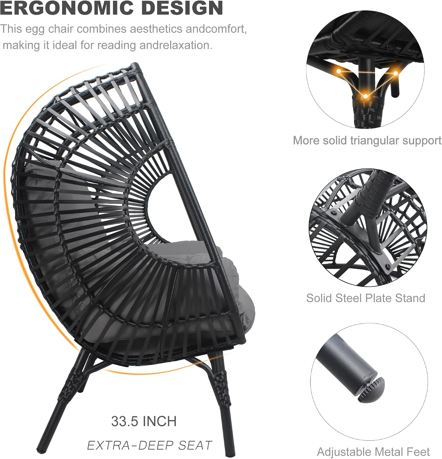 Oversized Wicker Egg Chair, Outdoor Indoor Rattan Patio Egg Lounge Chairs with Cushion 500lbs Capacity for Living Room, Balcony, Backyard(Black)