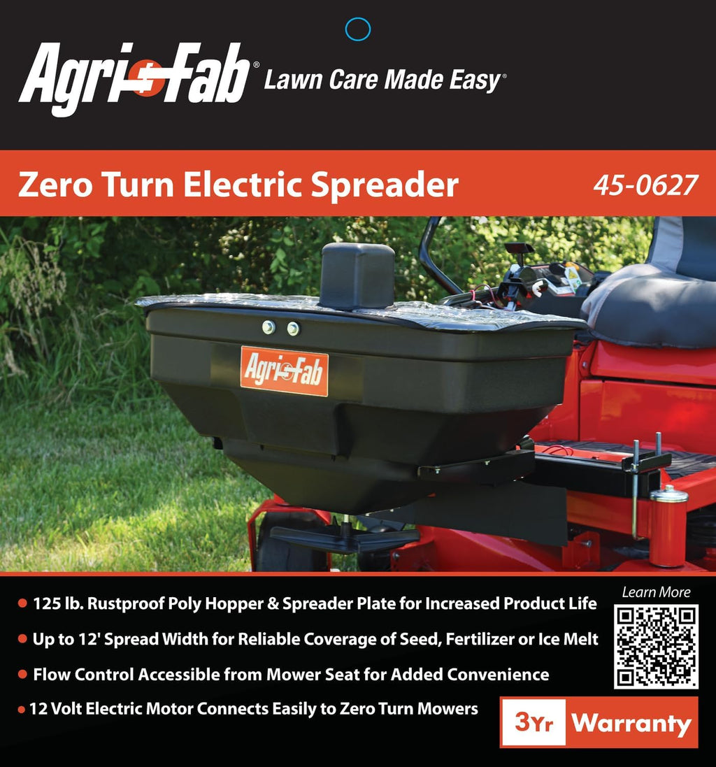 Agri-Fab 45-0627 Zero Turn Mower Electric Spreader, 125 lb Hopper Capacity, Grass, Seed, and Fertilizer Spreader, Spread Width up to 12 ft, Black