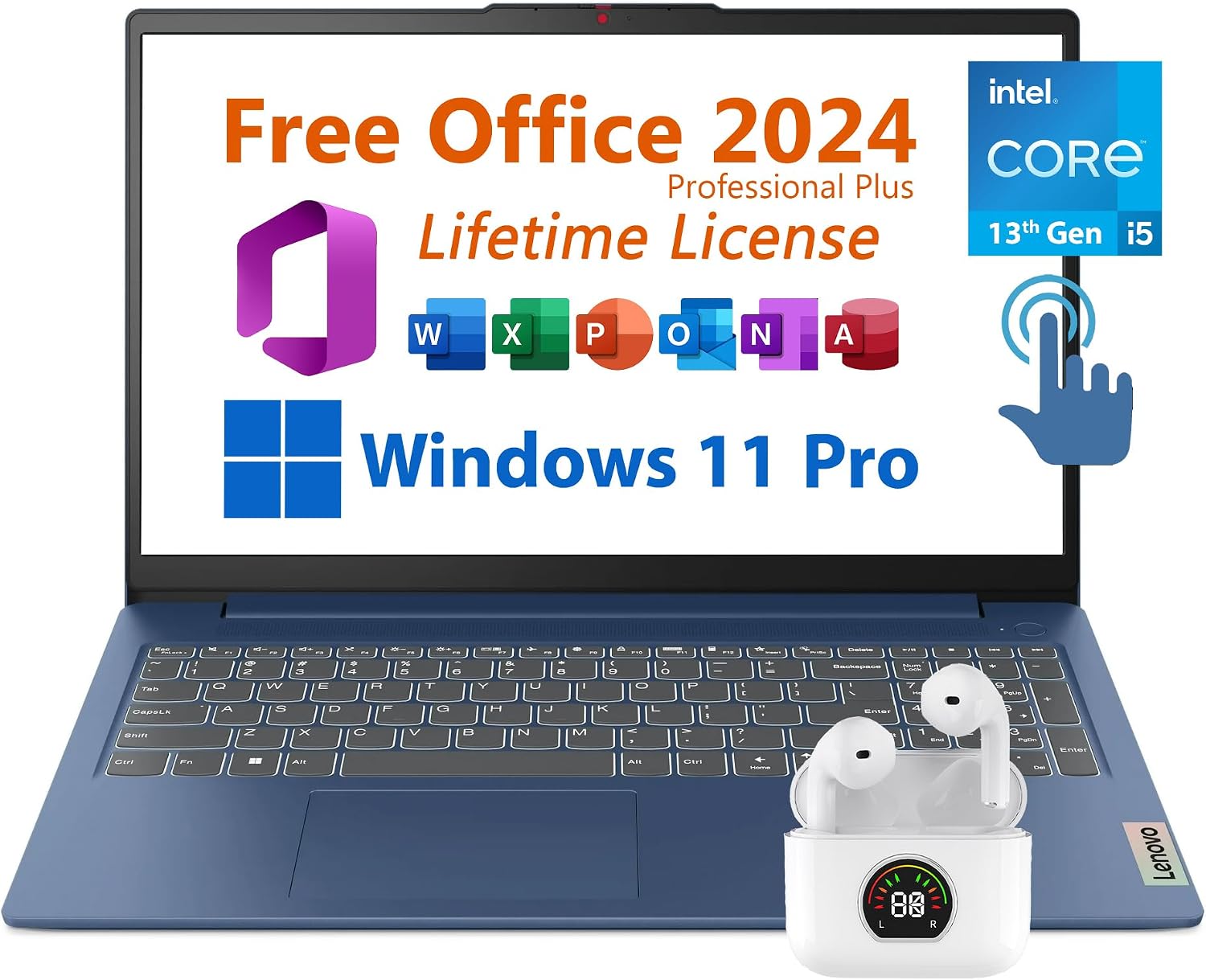 Lenovo 15.6' Laptop, Free Microsoft Office 2024 with Lifetime License, FHD Touchscreen, Intel 10-Core i5-1335U 4.6 GHz, 8GB RAM, 1TB SSD, WiFi 6, 7 hrs Battery Life, Windows 11 Pro, Toree Earbuds