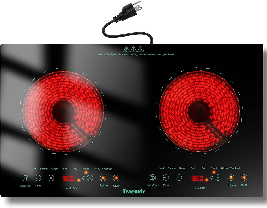 2 Burner Electric Cooktop, 110V Two Burner Electric Stove Top 2000W, 24 Inch Countertop & Built-in Ceramic Cooktop for Camping, Outdoor, Dorm, RVs, Child Lock, Timer, 8 Power Levels, Green