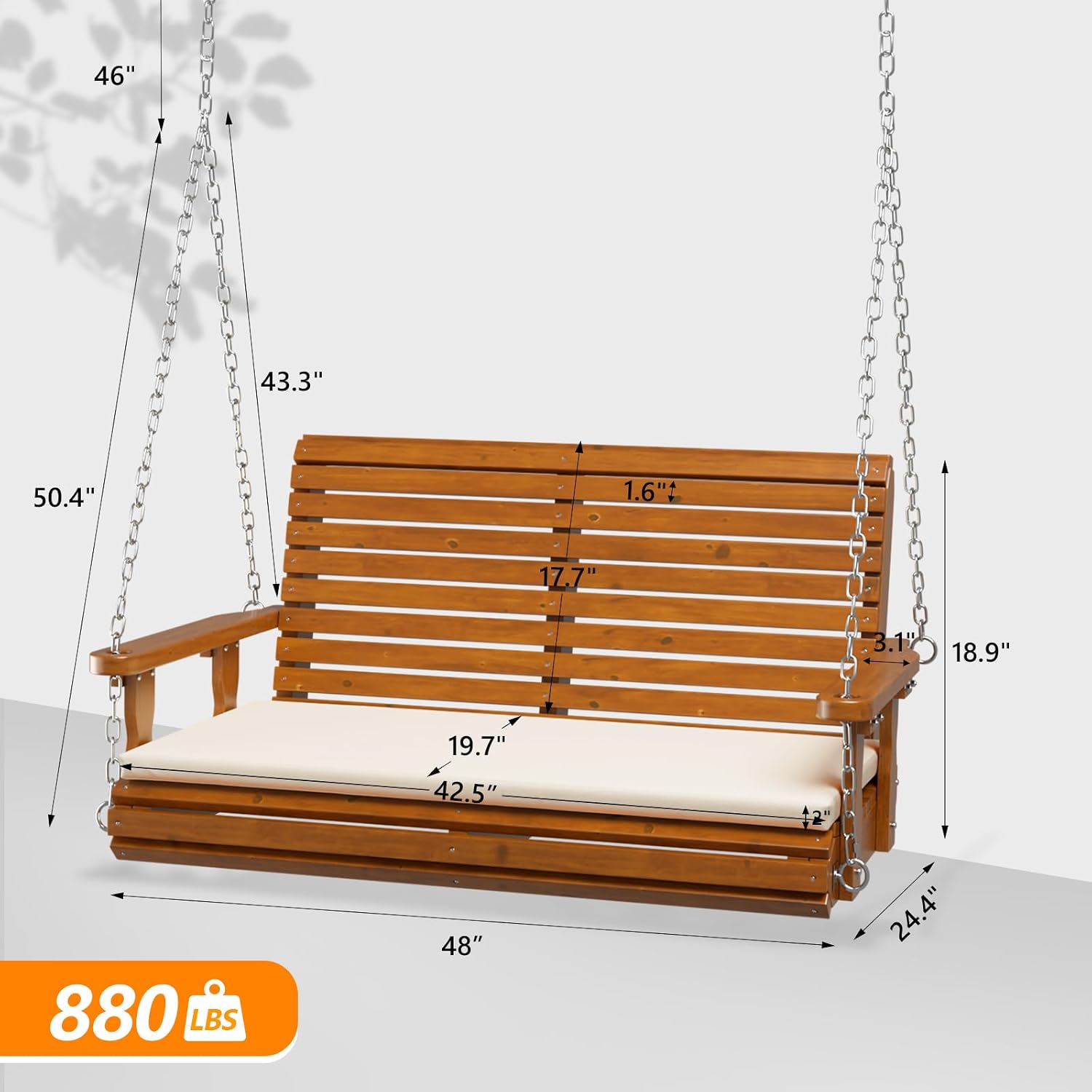 VINGLI Outdoor 4 FT Porch Swing, Heavy Duty 880 LBS Wooden Patio Swings with Cushions, Farmhouse Style Hanging Bench with Adjustable Chains for Yard | Garden | Lawn | Balcony, Brown