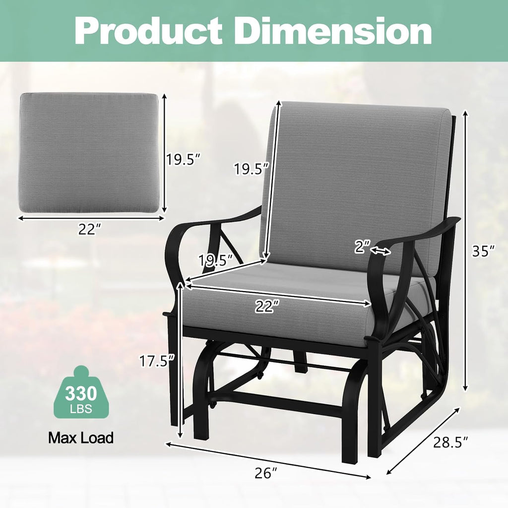 Tangkula Outdoor Patio Glider, Metal Framed Gliding Chair with Cushion, Ergonomic Single-Person Outdoor Patio Chair with Curved Armrest, Smooth Rocking Arms for Porch, Patio (1)