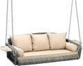 Grepatio 3 Person Porch Swing Patio Wicker Hanging Porch Swing Chair Outdoor Rattan Swing Bench with Cushion and Pillow for Garden, Yard, Lawn (Gray Rattan Khaki Cushion)