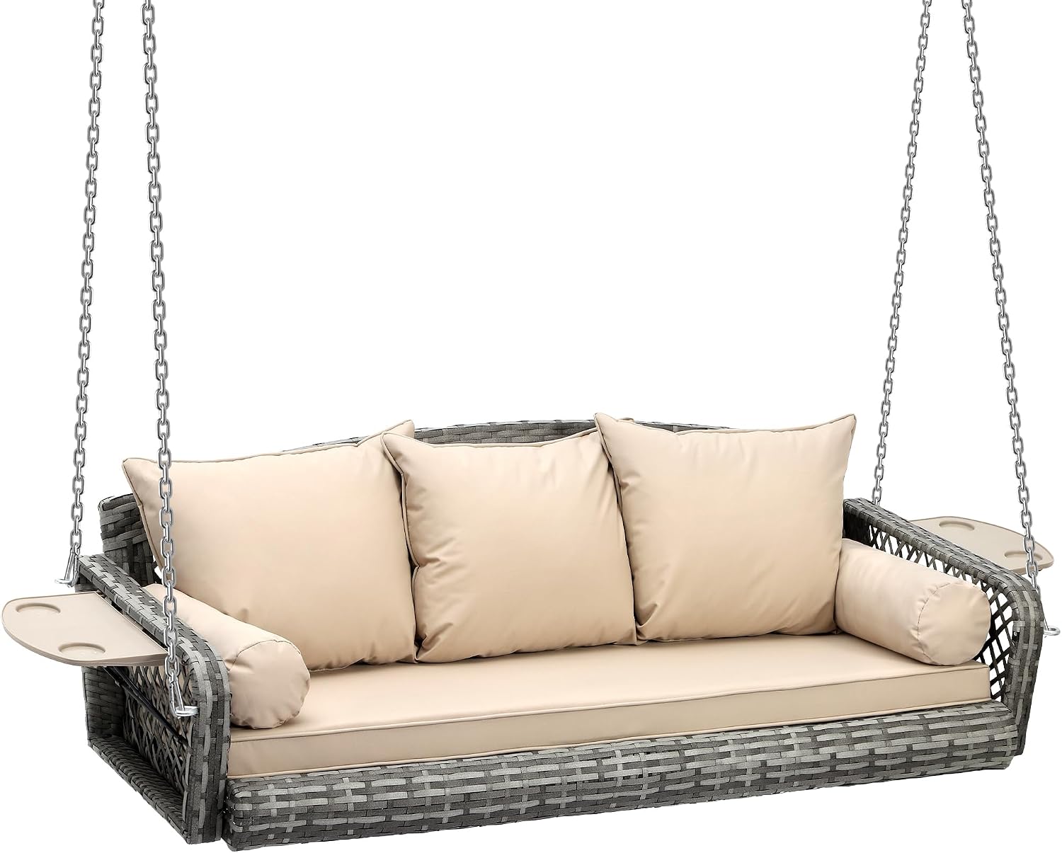 Grepatio 3 Person Porch Swing Patio Wicker Hanging Porch Swing Chair Outdoor Rattan Swing Bench with Cushion and Pillow for Garden, Yard, Lawn (Gray Rattan Khaki Cushion)