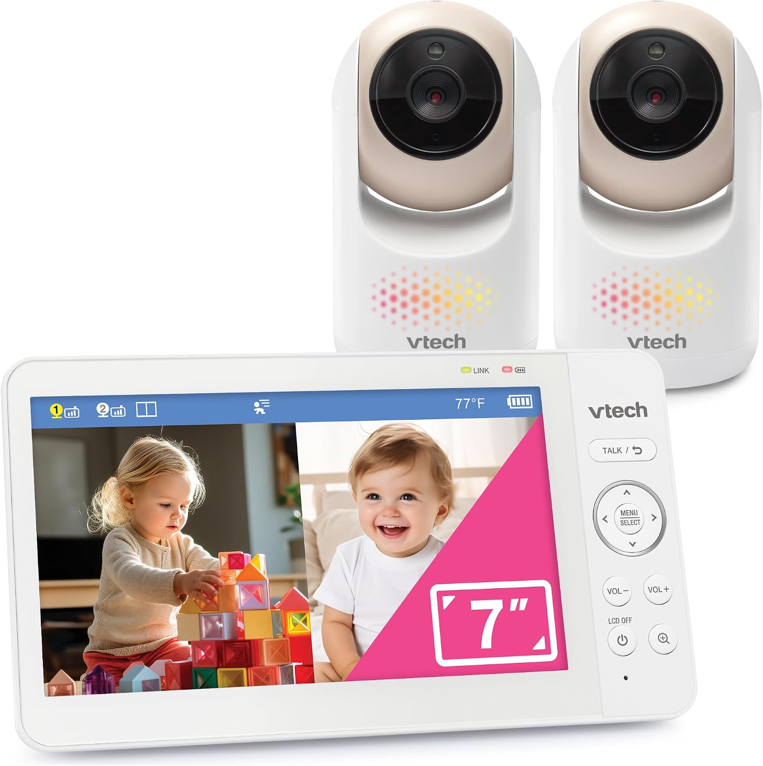 VTech 2-Cameras Video Baby Monitor with 7' Color LCD Screen, Rechargeable Battery, Video and Audio Streaming, Pan-Tilt-Zoom, Touch Multi-Color Night Light, Two-Way Talk: Advanced Max Twin (Tan)