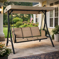 Kozyard Brenda 3-Seat Outdoor Porch Swing Glider, Patio Swing with Adjustable Canopy, Steel Frame, Breathable Textilene Seat & Back, Side Pockets (Tan)