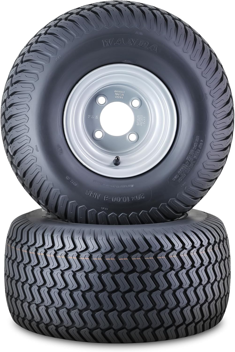 WANDA Lawn Mower Tractor Tire Wheel Assembly 20X10-8 4-Ply with 4 Lugs on 4' PCD Silver Wheel-13040,SET 2