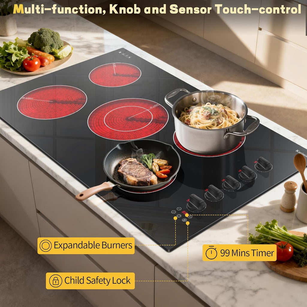 Karinear 36 Inch Electric Ceramic Cooktop, 5 Burner Radiant Electric Stove Top with Knob & Touch Control, 8900W High-Power Built-in Hob, 9 Heat Levels, 99-Min Timer, Child Lock, 240V Hardwired