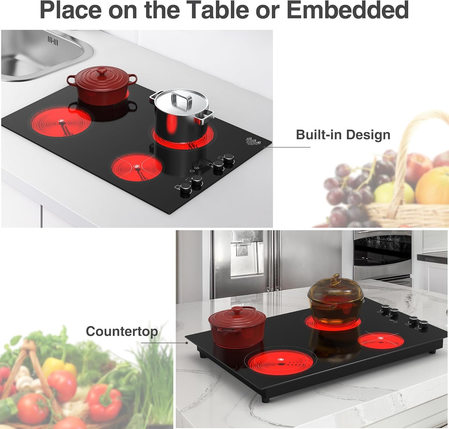 GIHETKUT 4 Burner Electric Cooktop,7200W Built-in & Countertop 4 Burner Electric Stove Top with 9 Power Levels, Child Safety Lock & 99mins Timer, 30 inch Electric Cooktop 220-240V (No Plug)